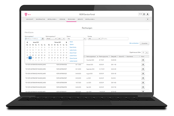 Laptopbildschirm zeigt Online-Rechnungen im M2M Service Portal