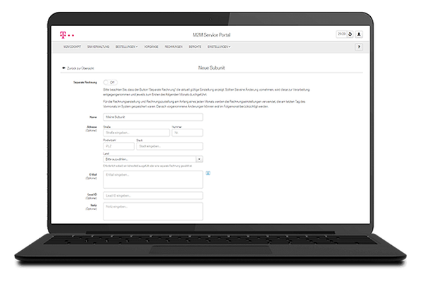 Laptopbildschirm zeigt Organisationsstruktur im M2M Service Portal