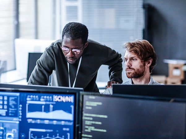 Zwei Männer schauen auf einen Computer Bildschirm.