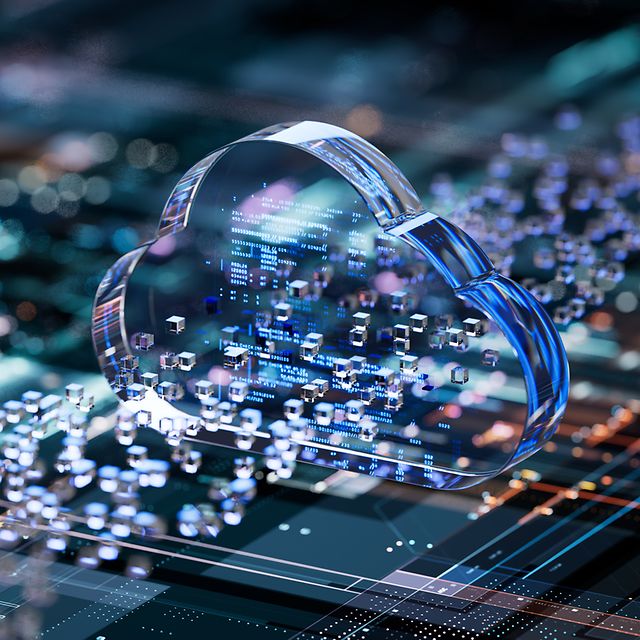 Abstrakte Darstellung einer Festplatte mit glasartiger Cloud.