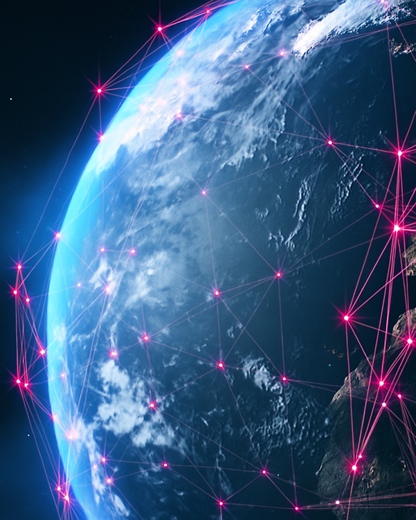 Erdkugel im Weltall mit abstrakten Linien, die ein Netz bilden.