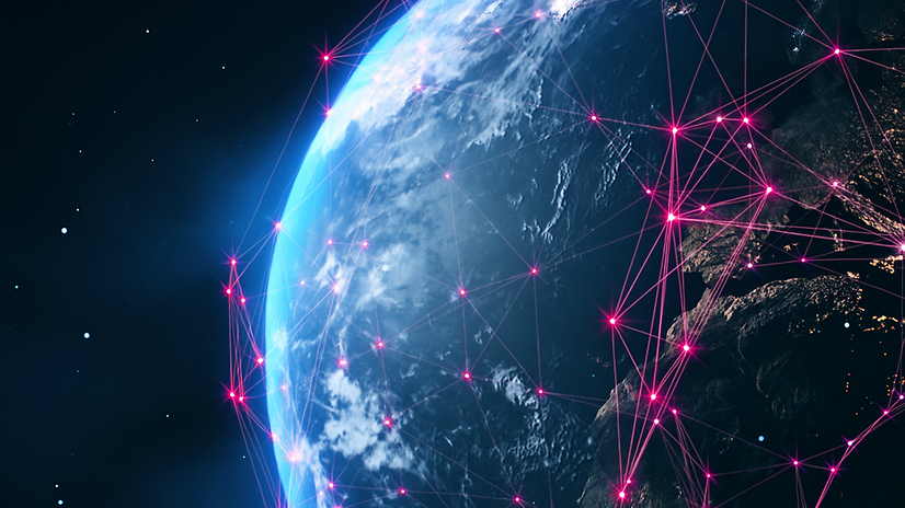 Globe in outer space with abstract lines forming a network.