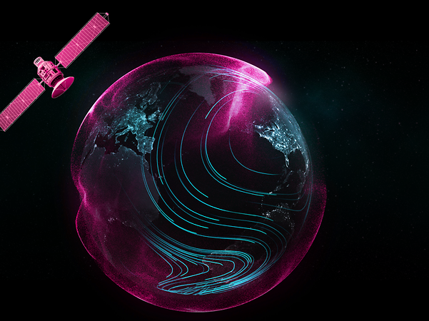 A satellite orbits the Earth, surrounded by pink and blue data streams for global IoT connectivity