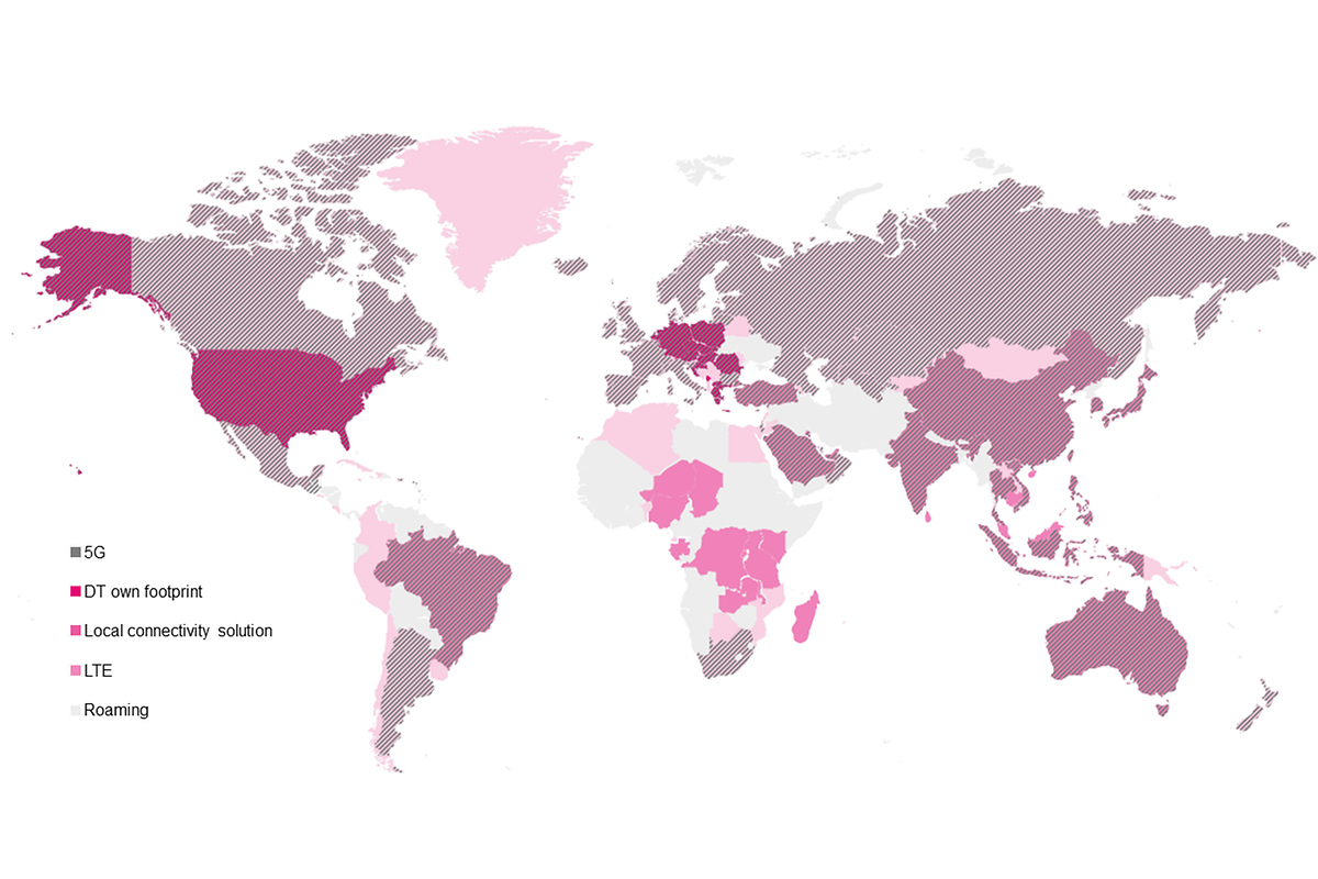 World map showing coverage for 5G, DT's own network coverage, local connectivity solutions, LTE and roaming