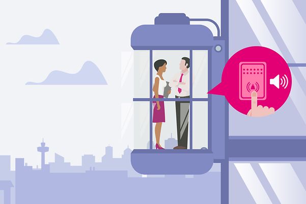Stylized illustration of two people in an elevator using IoT functionality.