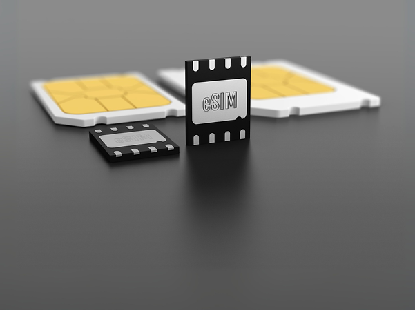 3D illustration of various SIM cards lying flat and standing upright.