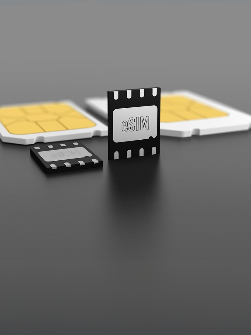 3D illustration of various SIM cards lying flat and standing upright.