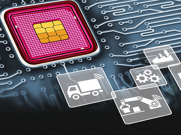 Magenta SIM chip with connected symbols representing logistics, industry, and automation.