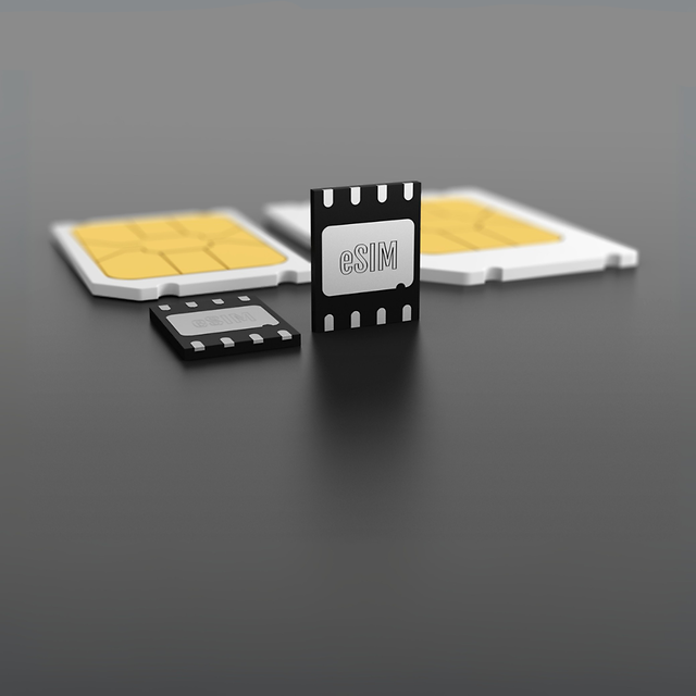 3D illustration of various SIM cards lying flat and standing upright.