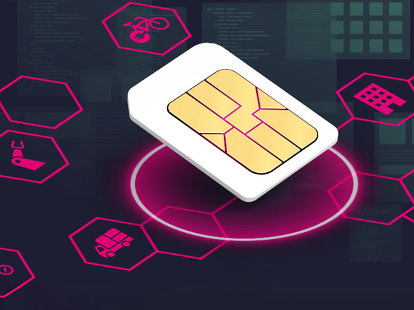 IoT SIM card with abstract lines and various icons.
