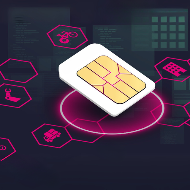 IoT SIM card with abstract lines and various icons.
