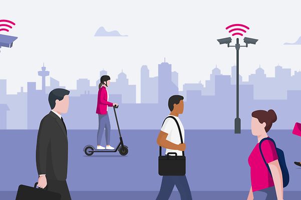 Stylized illustration of several people in a city surrounded by connected devices.