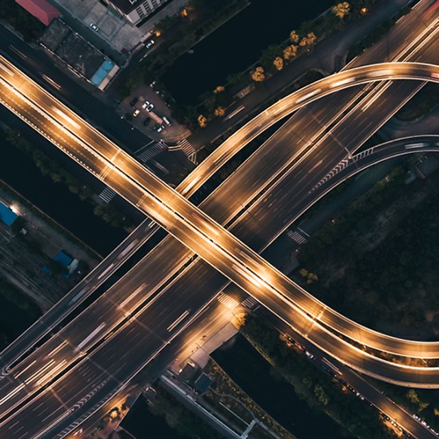 Freeway at night from bird's eye view