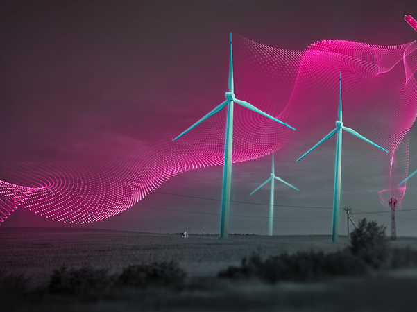 Wind turbines with abstract veil representing a net, in magenta colors.