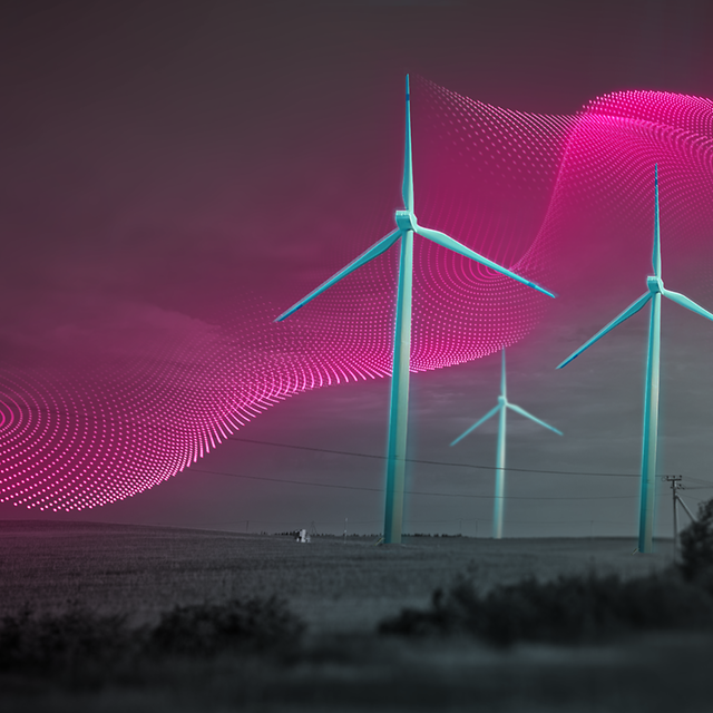 Wind turbines with abstract veil representing a net, in magenta colors.