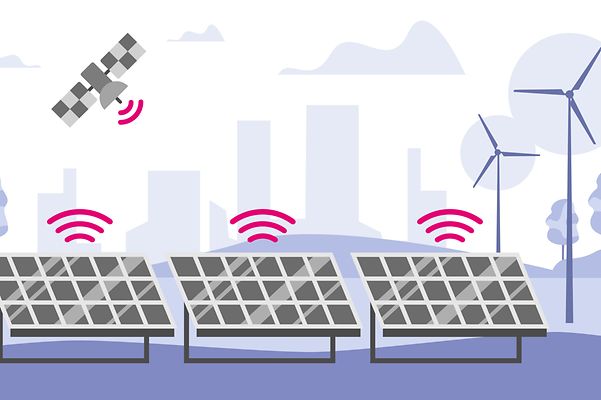 Stylized graphic shows solar park networked via Satellite IoT.
