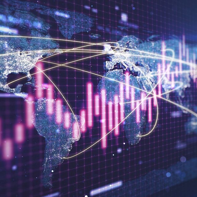 Abstract image featuring a map, bars, and a network design in magenta.