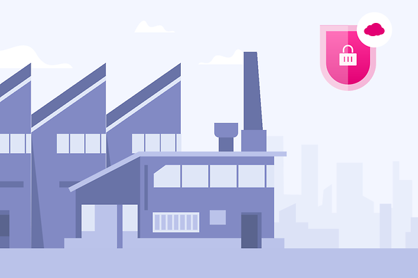 Illustration of a factory with an IoT security symbol representing IPsec encryption.