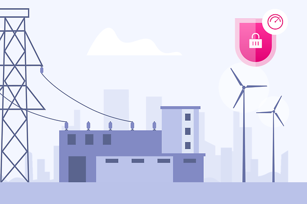 Illustration of an energy supply building with wind turbines and a security symbol representing a leased line connection.