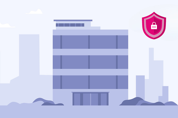 Illustration of an office building with IoT security symbol for OpenVPN connection.