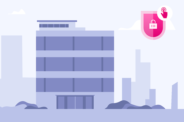 Illustration of an office building with an IoT security symbol representing an OpenVPN connection.
