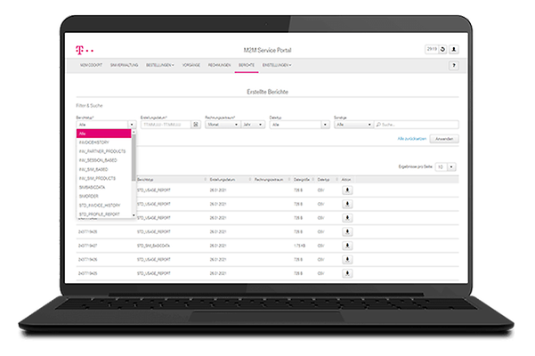 Laptop screen shows overview of reports in the M2M Service Portal