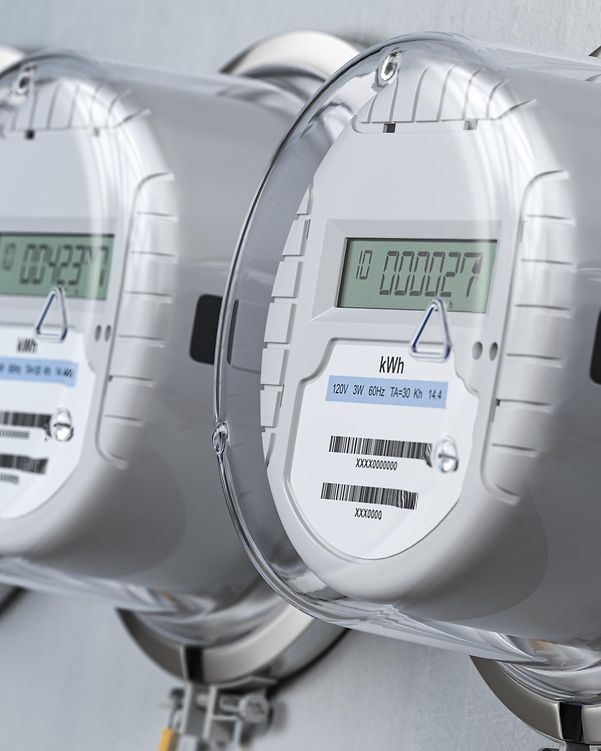 Row of modern digital electricity meters on a building wall.