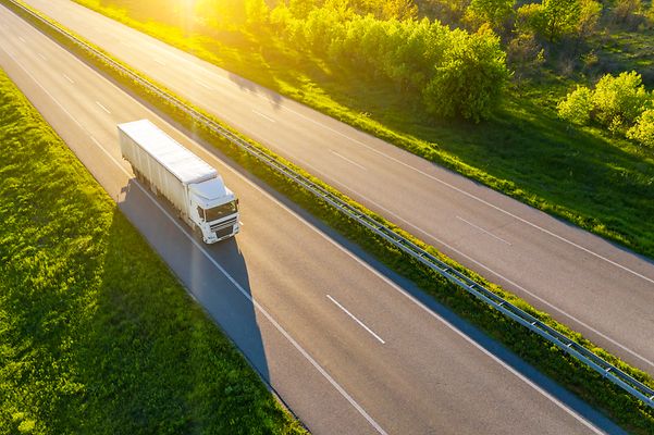 A truck drives on a highway lined with lush greenery