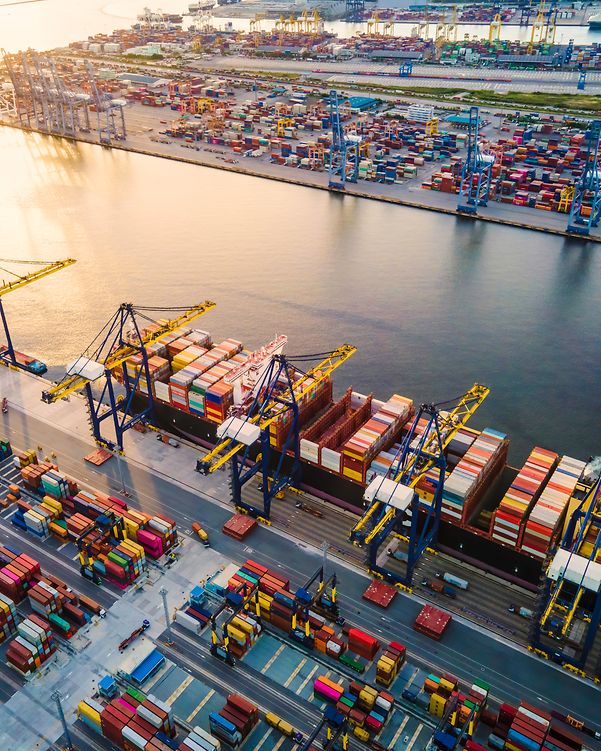 View from above: Container port with some overhead cranes